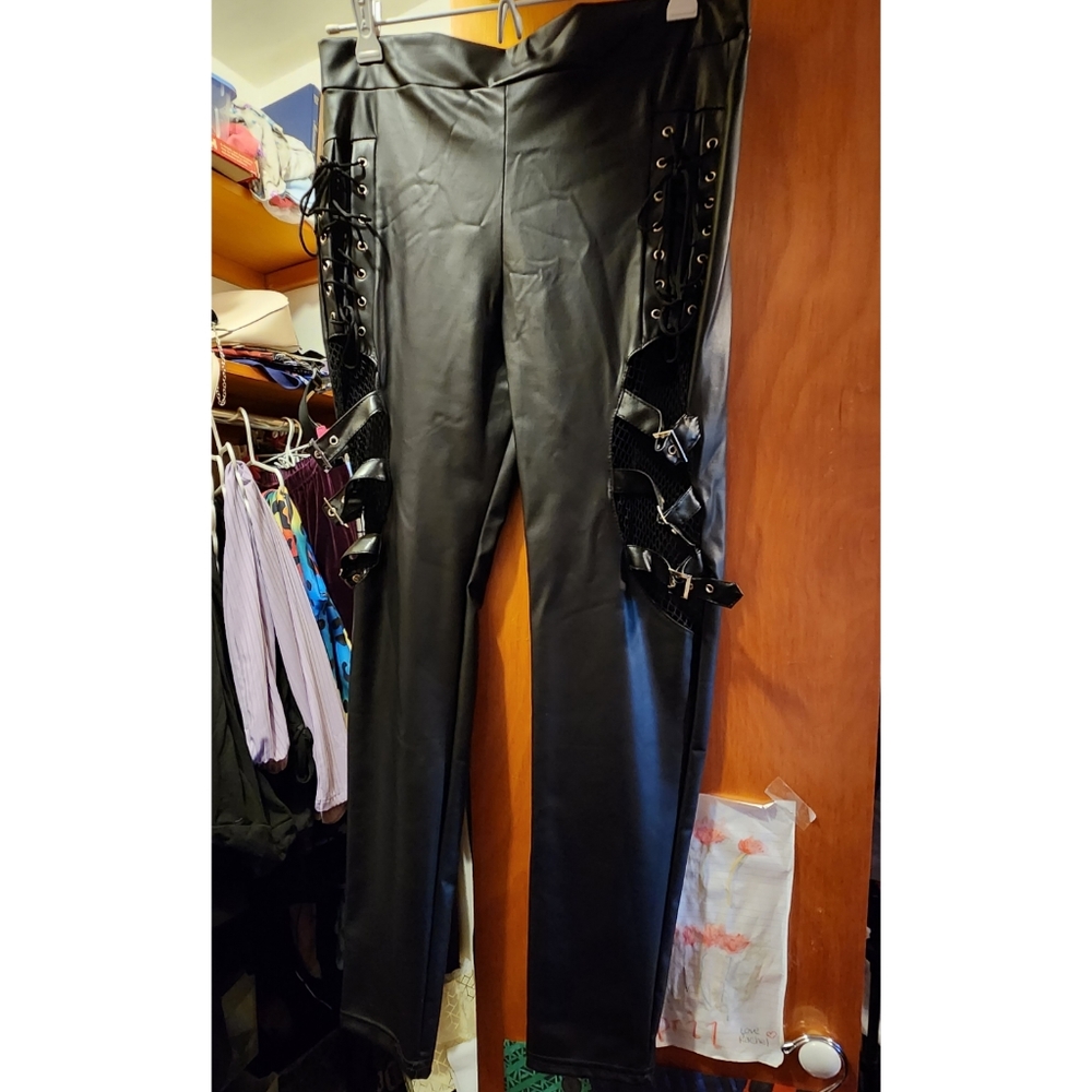 NEVER WORN Pleather tied and buckled skinny pants